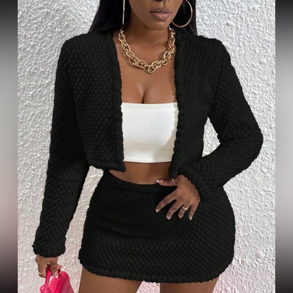 Women's Plush Open Jacket And Mini Skirt Two Piece Set
